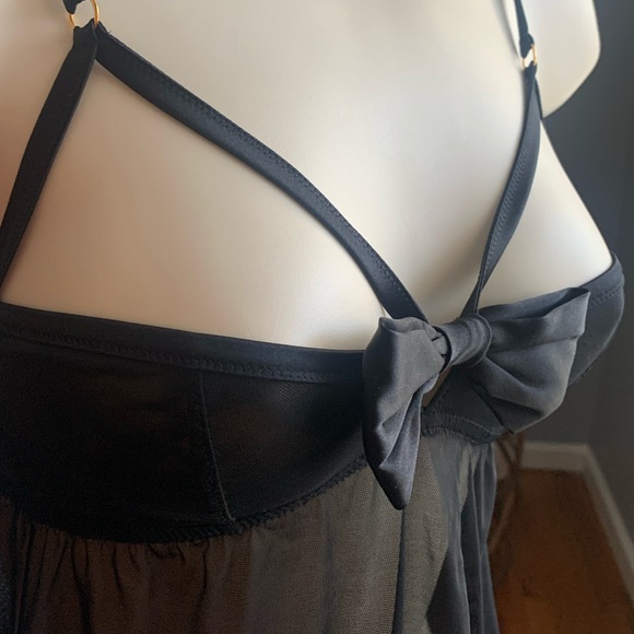 Myla black satin bow and mesh babydoll with matching thong. - Picture 2 of 12
